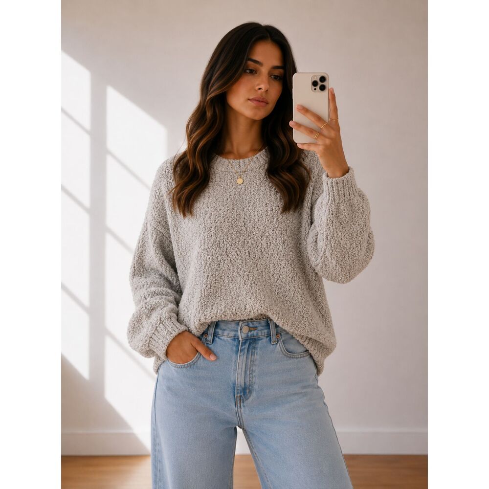 Bobeau Cream Popcorn Knit Sweater Women’s XXL Cozy Textured Pullover